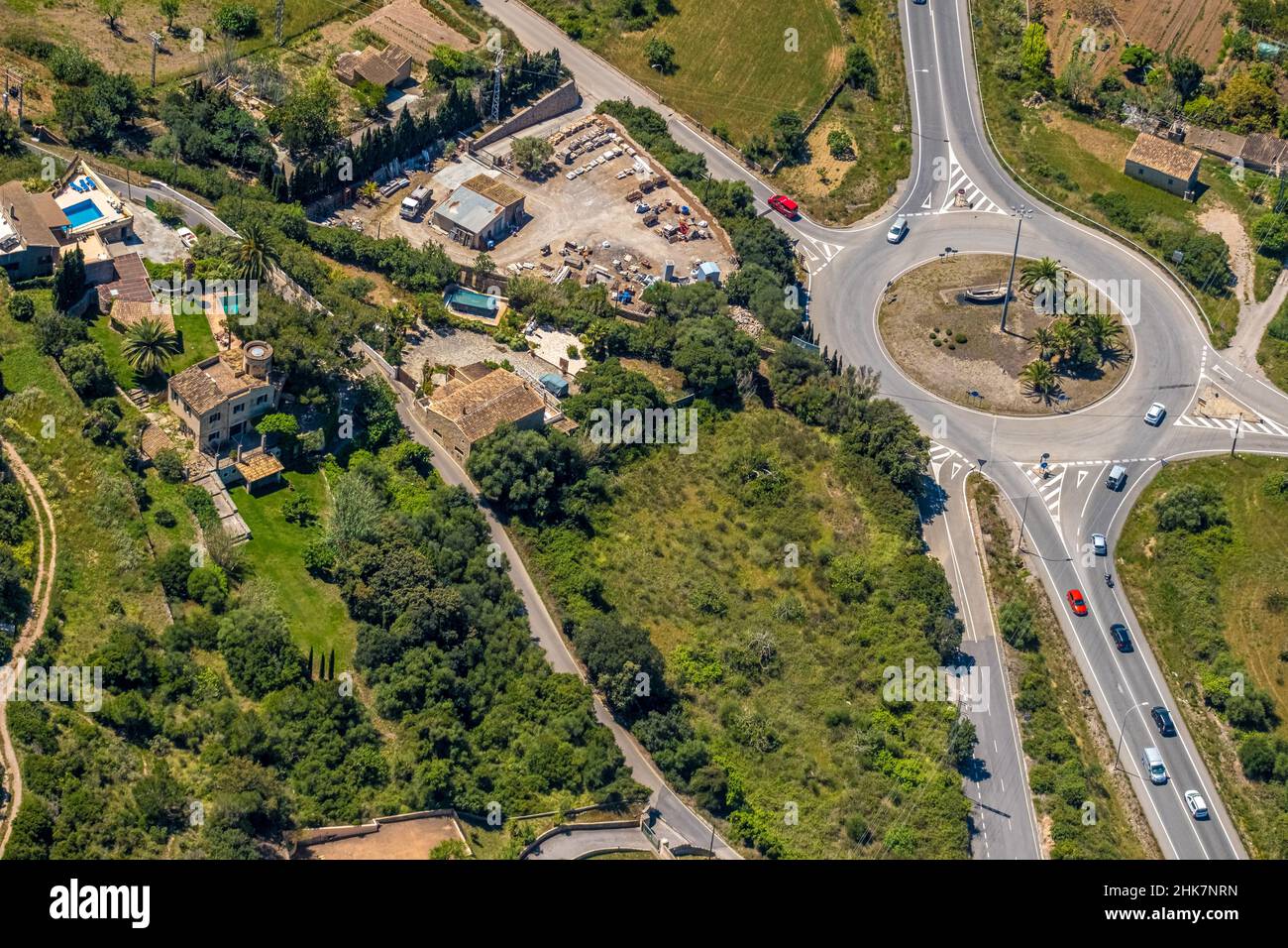 Aerial view, Carrer Major roundabout, Carrer Nord, Ma-15 road, Capdepera, Balearic Islands, Majorca, Balearic Islands, Spain, boat, ES, Europe, green Stock Photo