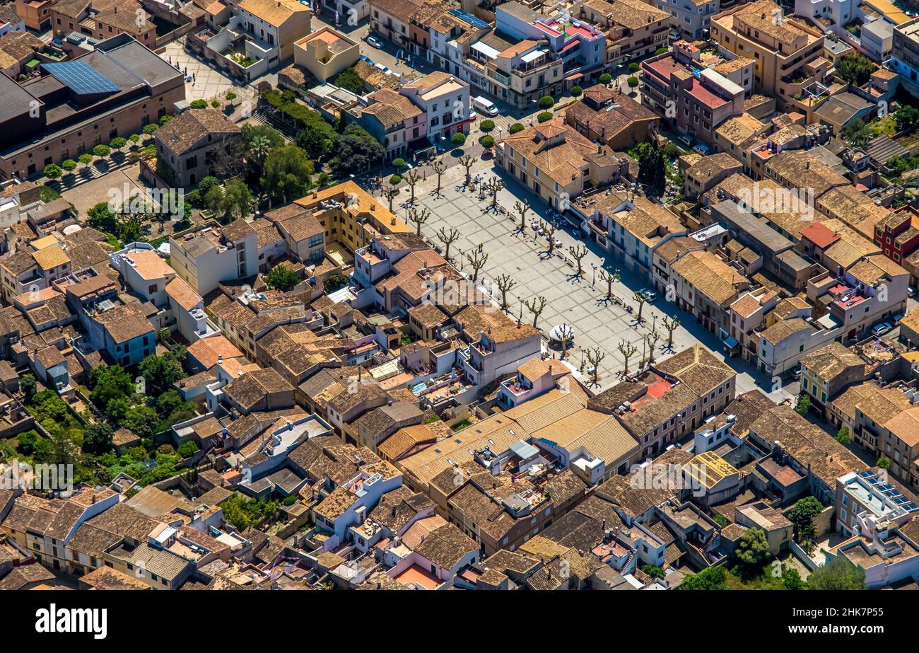 Aerial view, city centre with market place Plaça del Conqueridor, Artà, Balearic Islands, Majorca, Balearic Islands, Spain, ES, Europe, downtown, aeri Stock Photo