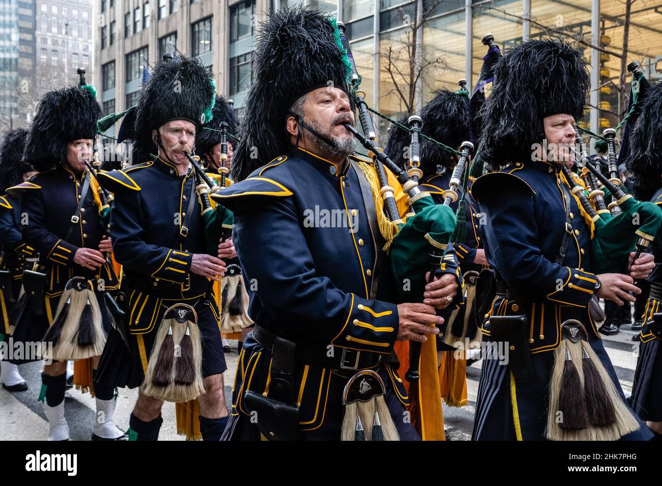 The NYPD Pipes and Drums leads the procession for fallen NYPD Officer
