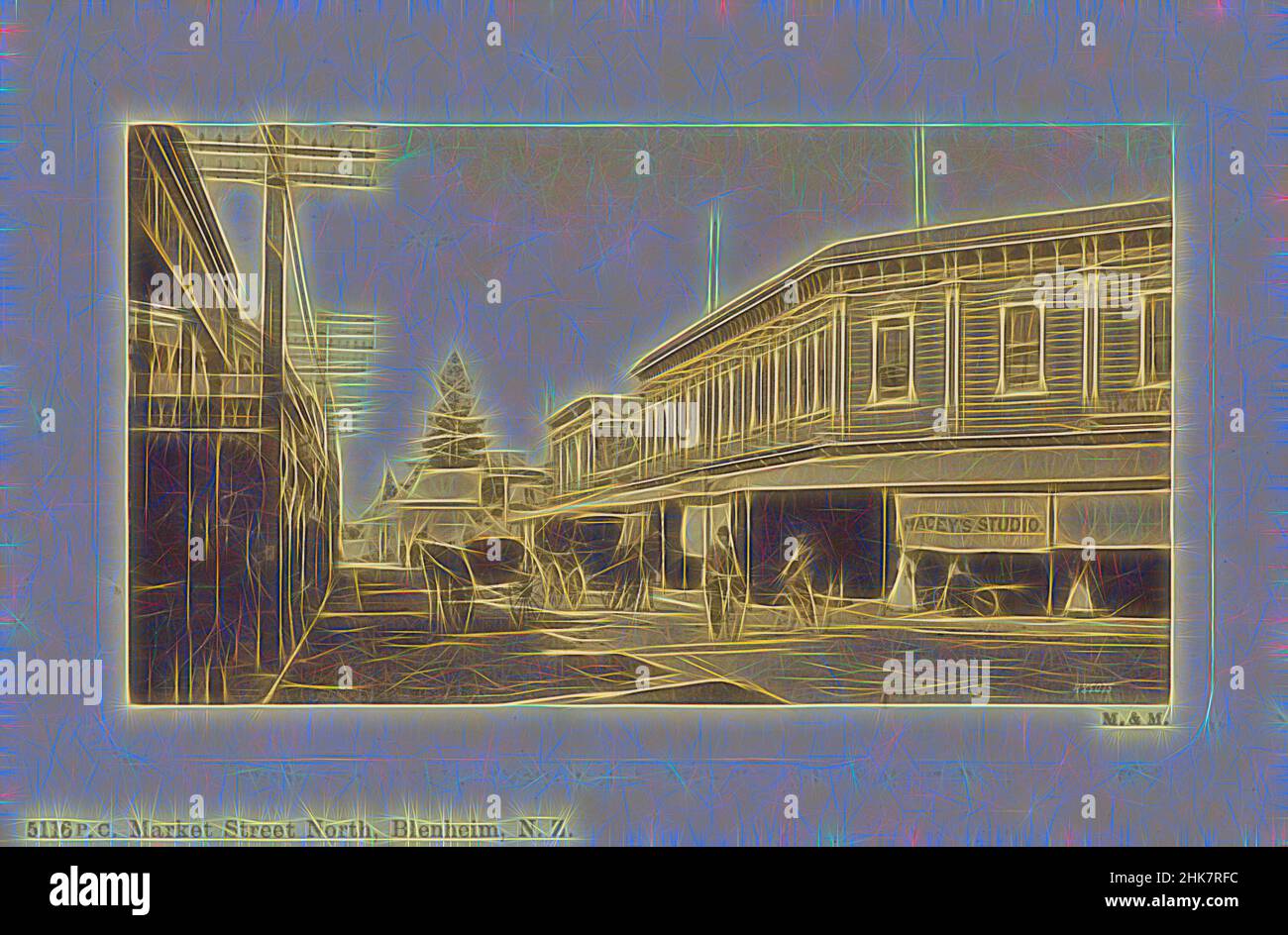 Inspired by Market Street North, Blenheim, New Zealand, Muir & Moodie studio, 1904-1915, Blenheim, Reimagined by Artotop. Classic art reinvented with a modern twist. Design of warm cheerful glowing of brightness and light ray radiance. Photography inspired by surrealism and futurism, embracing dynamic energy of modern technology, movement, speed and revolutionize culture Stock Photo