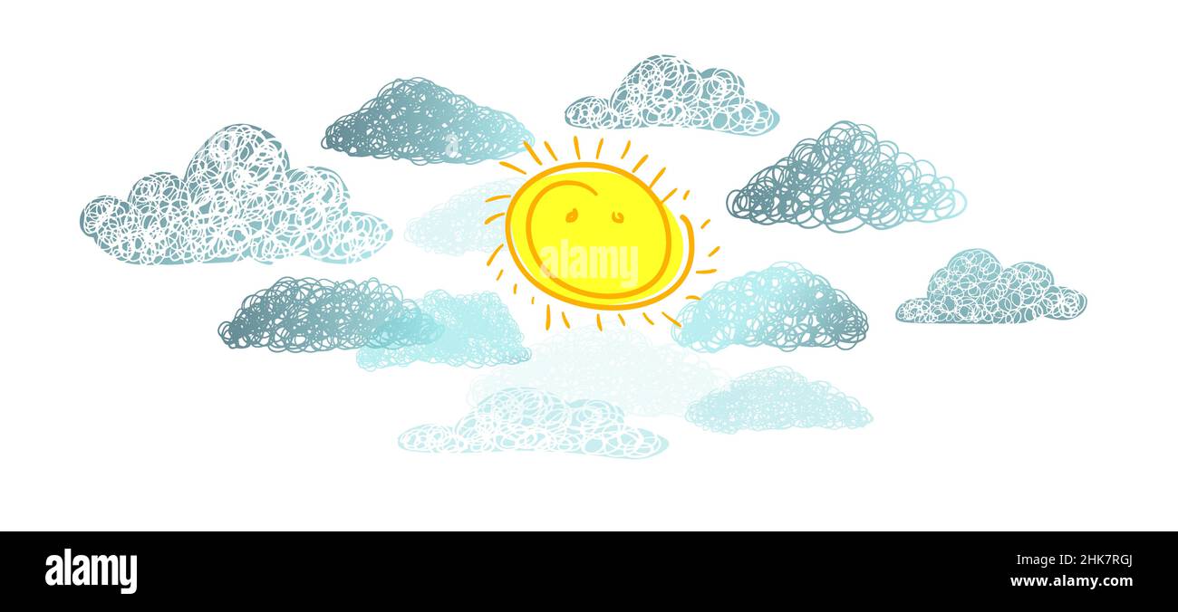Sun and clouds childish cute drawing. Vector illustration Stock Vector ...