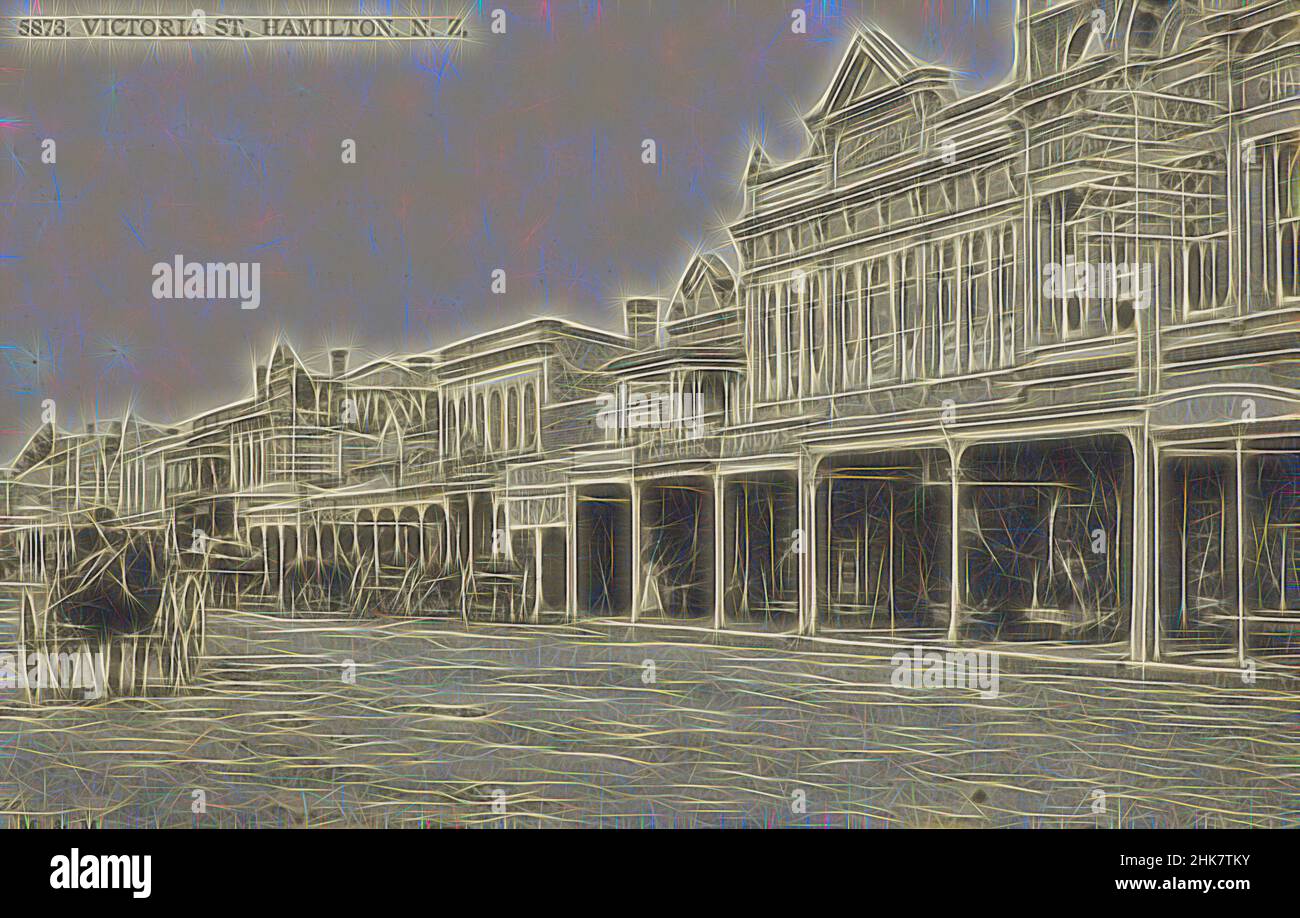 Inspired by Victoria Street, Hamilton, New Zealand, Muir & Moodie studio, 1909, Hamilton, Reimagined by Artotop. Classic art reinvented with a modern twist. Design of warm cheerful glowing of brightness and light ray radiance. Photography inspired by surrealism and futurism, embracing dynamic energy of modern technology, movement, speed and revolutionize culture Stock Photo