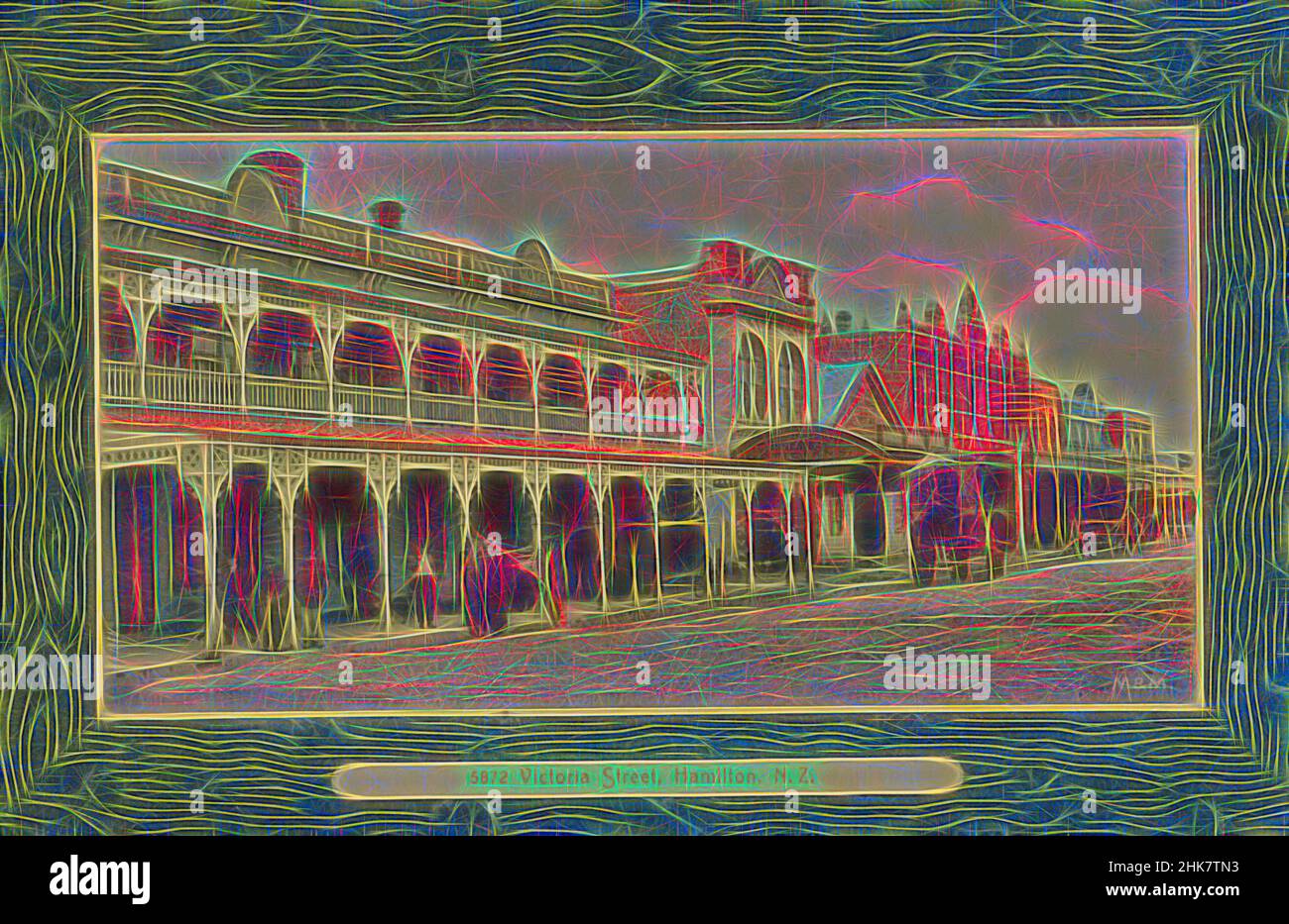 Inspired by Victoria Street, Hamilton, New Zealand, Muir & Moodie studio, 1909, Hamilton, Reimagined by Artotop. Classic art reinvented with a modern twist. Design of warm cheerful glowing of brightness and light ray radiance. Photography inspired by surrealism and futurism, embracing dynamic energy of modern technology, movement, speed and revolutionize culture Stock Photo