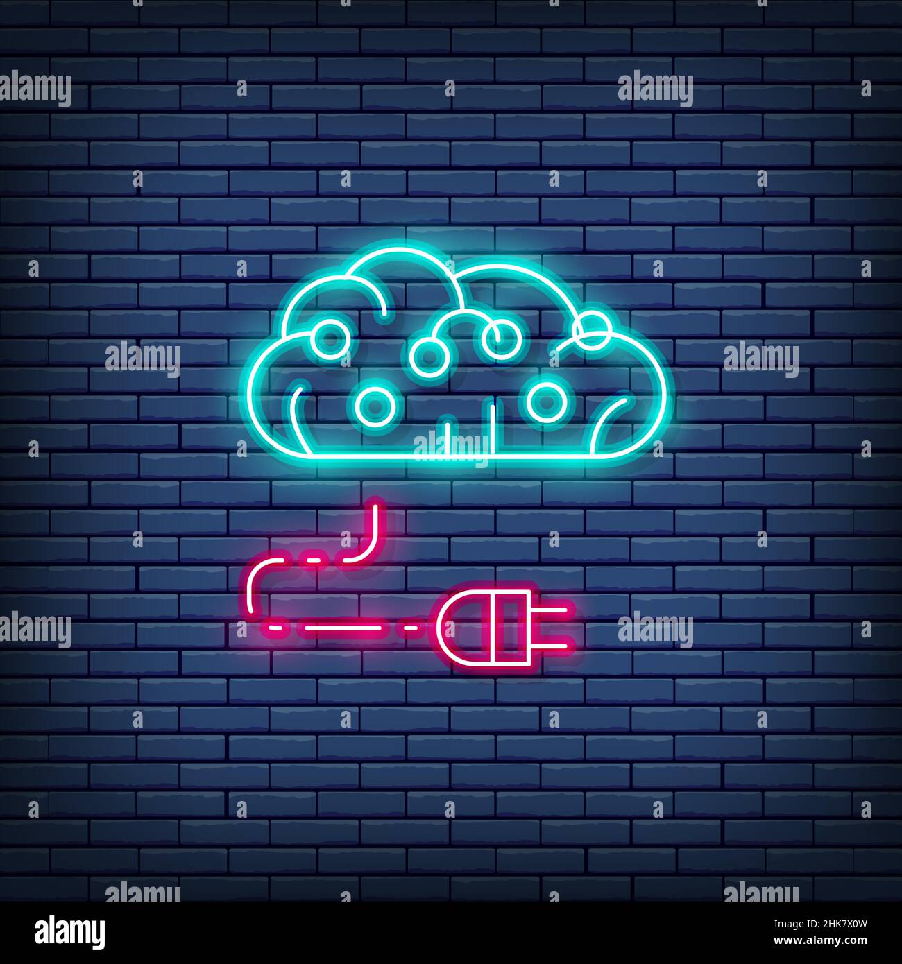 Connected brain to circuit board, artificial intelligence, digital thinking neon sign. Stock Vector
