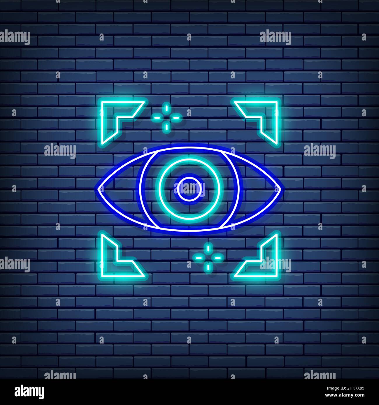 Artificial intelligence eye, network spying, computer surveillance neon sign. Stock Vector