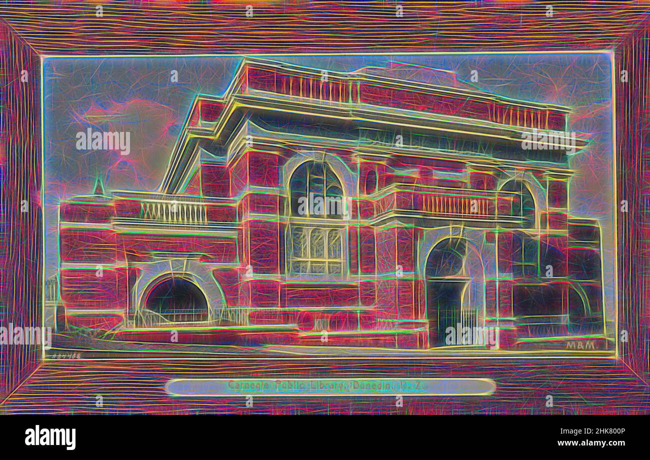 Inspired by Carnegie Public Library, Dunedin, New Zealand, Muir & Moodie studio, 1904-1915, Dunedin, Reimagined by Artotop. Classic art reinvented with a modern twist. Design of warm cheerful glowing of brightness and light ray radiance. Photography inspired by surrealism and futurism, embracing dynamic energy of modern technology, movement, speed and revolutionize culture Stock Photo