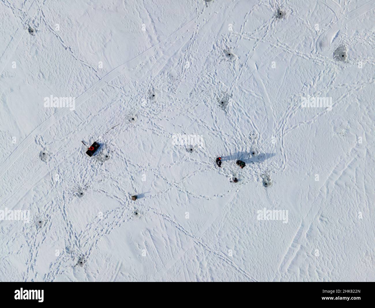 Winter, aerial photograph of people icefishing on Monona Bay, Lake ...