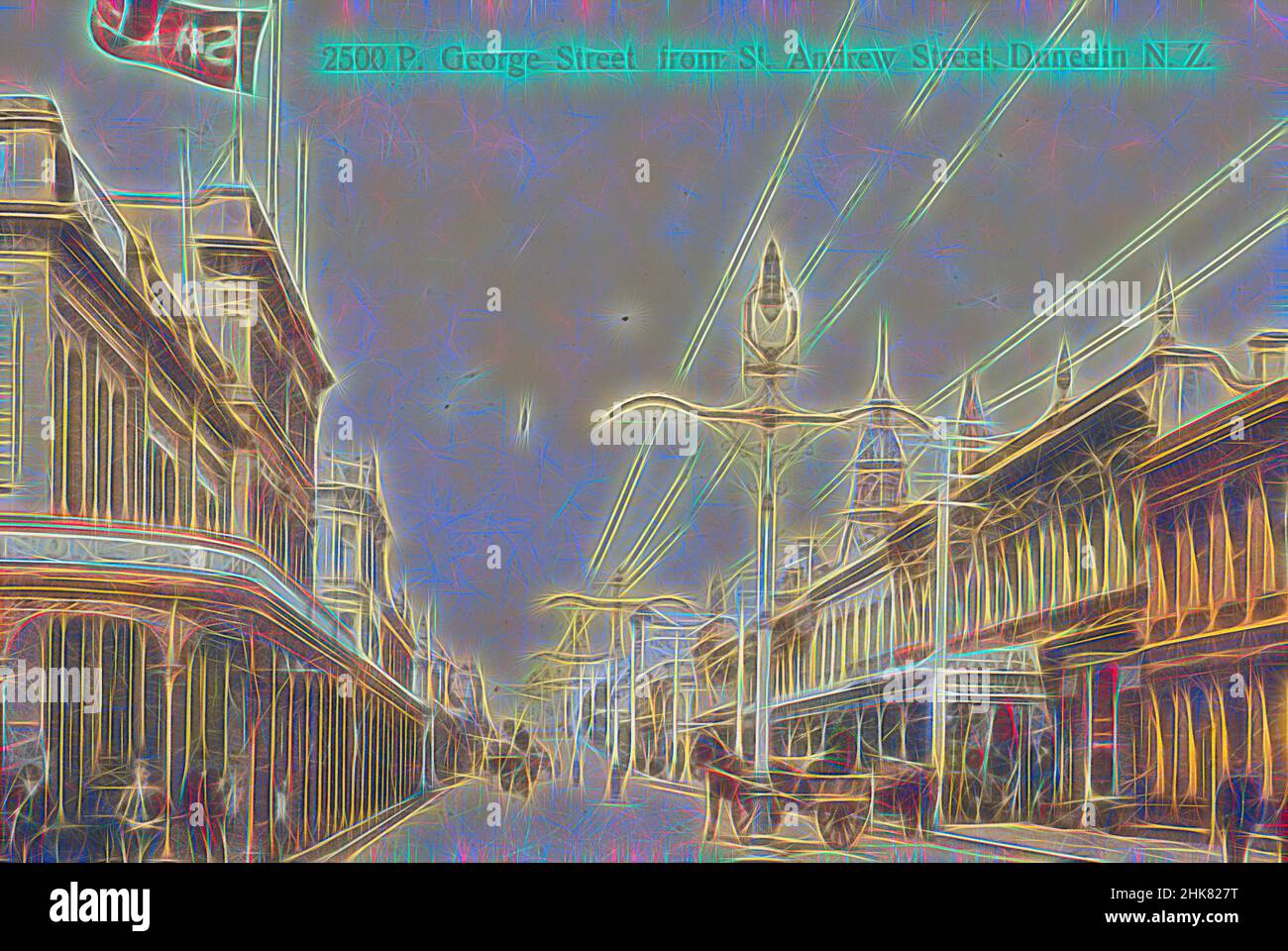 Inspired by George Street from St Andrew Street, Dunedin, New Zealand, Muir & Moodie studio, 1906, Dunedin, Reimagined by Artotop. Classic art reinvented with a modern twist. Design of warm cheerful glowing of brightness and light ray radiance. Photography inspired by surrealism and futurism, embracing dynamic energy of modern technology, movement, speed and revolutionize culture Stock Photo