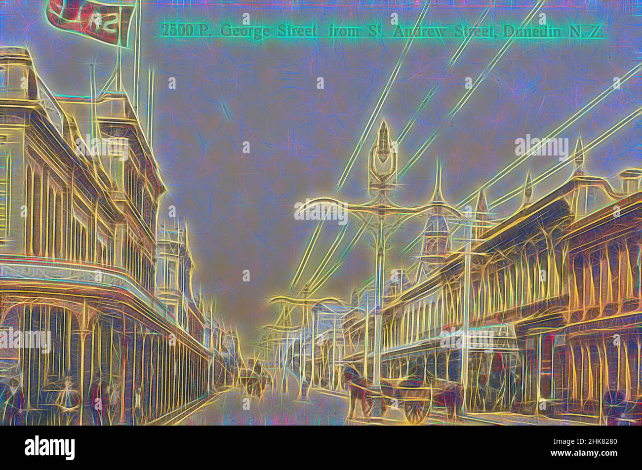 Inspired by George Street from St Andrew Street, Dunedin, New Zealand, Muir & Moodie studio, 1906, Dunedin, Reimagined by Artotop. Classic art reinvented with a modern twist. Design of warm cheerful glowing of brightness and light ray radiance. Photography inspired by surrealism and futurism, embracing dynamic energy of modern technology, movement, speed and revolutionize culture Stock Photo