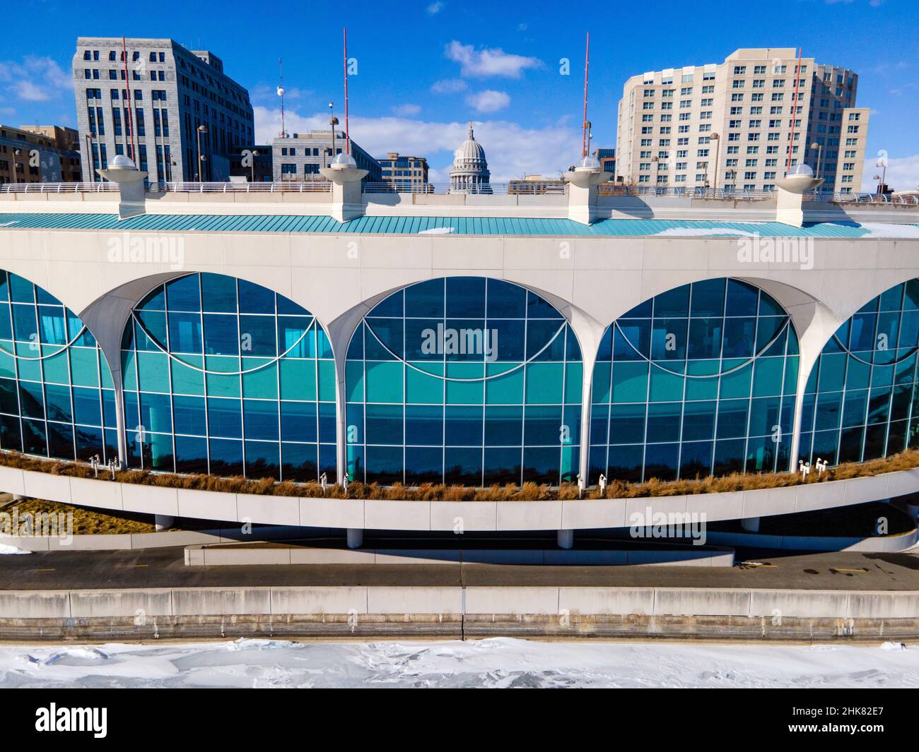 Winter, aerial photograph of downtown Madison, Wisconsin and the Monona Terrace Convention Center. Stock Photo