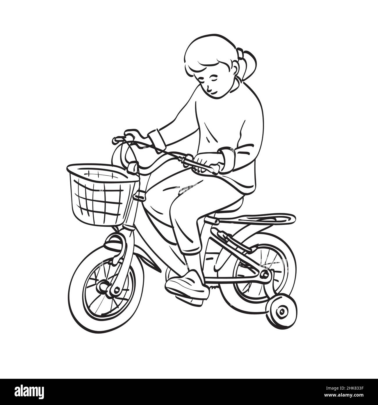 line art little girl learning to ride bicycle illustration vector hand drawn isolated on white background. Stock Vector