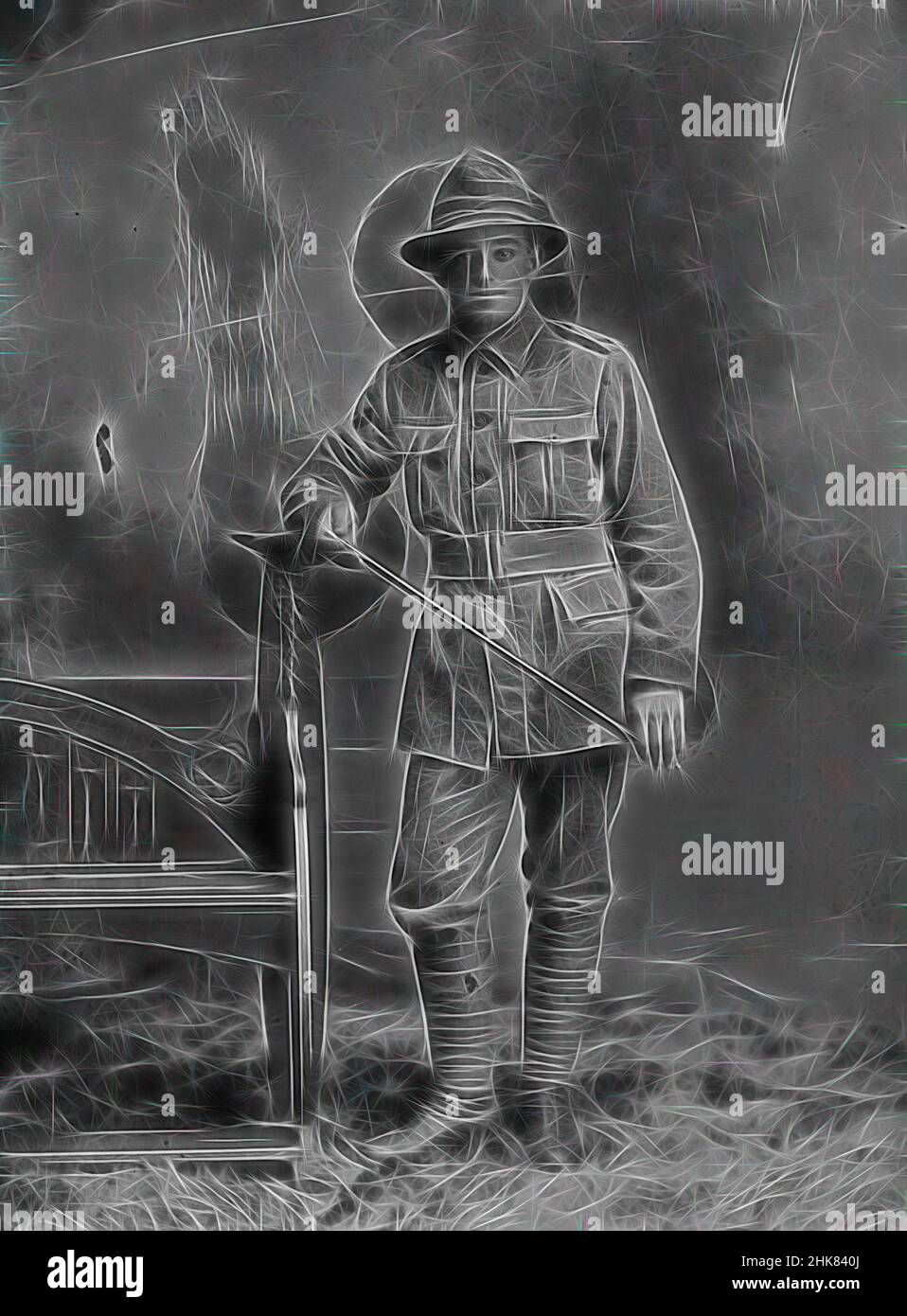 Inspired by Portrait of a soldier, inscribed Cotter 6 Cab, Berry & Co, photography studio, 1916, Wellington, black-and-white photography, Portrait of a man wearing a Private's uniform holding a pace stick. There are no unit or rank insignia visible on his uniform, the only clue to his identity is the, Reimagined by Artotop. Classic art reinvented with a modern twist. Design of warm cheerful glowing of brightness and light ray radiance. Photography inspired by surrealism and futurism, embracing dynamic energy of modern technology, movement, speed and revolutionize culture Stock Photo