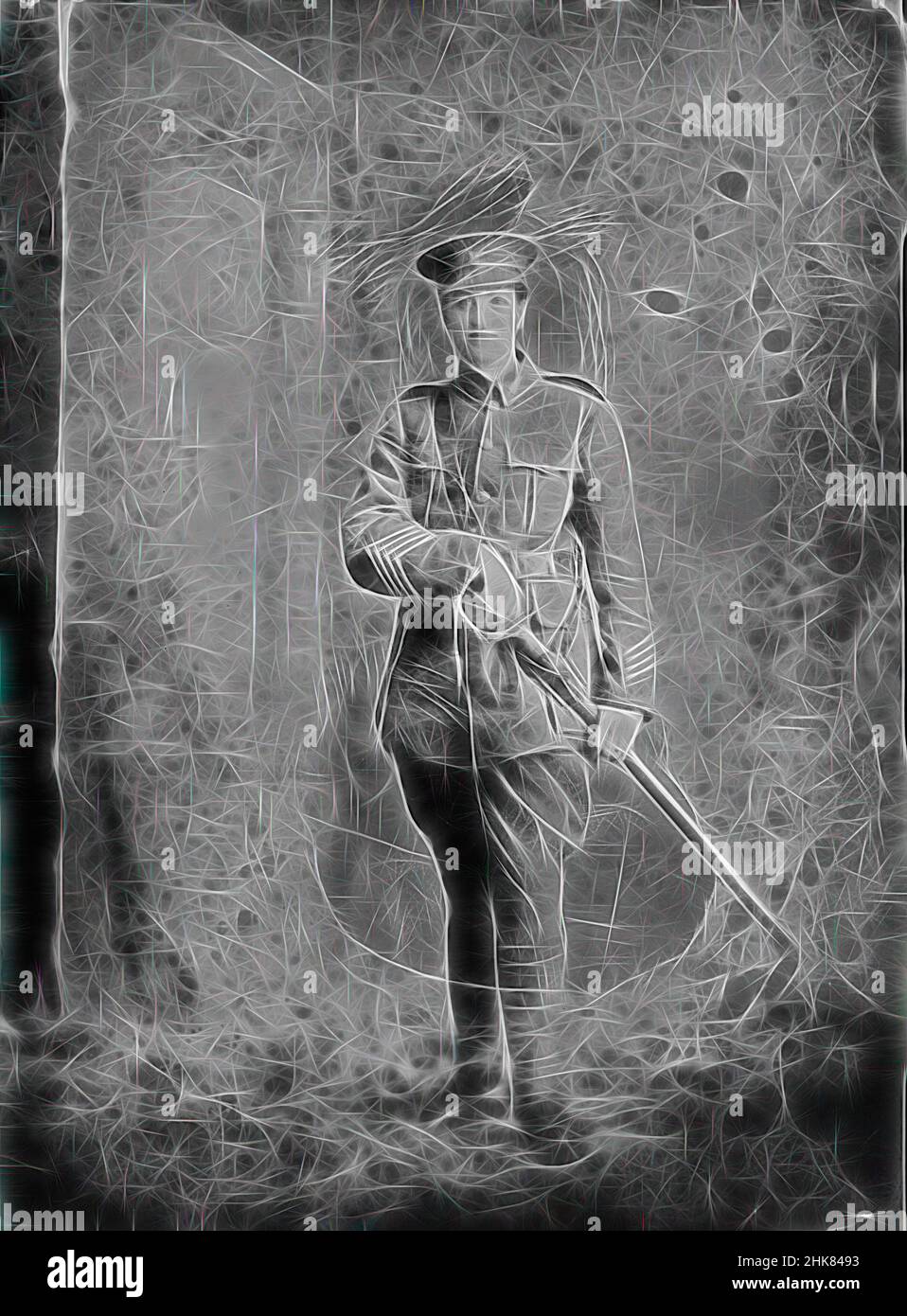 Inspired by Woman dressed as a Regimental Sergeant-Major of the NZ Rifle Brigade, inscribed Johnson, Berry & Co, photography studio, 1915 -19, Wellington, black-and-white photography, A woman in uniform, Reimagined by Artotop. Classic art reinvented with a modern twist. Design of warm cheerful glowing of brightness and light ray radiance. Photography inspired by surrealism and futurism, embracing dynamic energy of modern technology, movement, speed and revolutionize culture Stock Photo