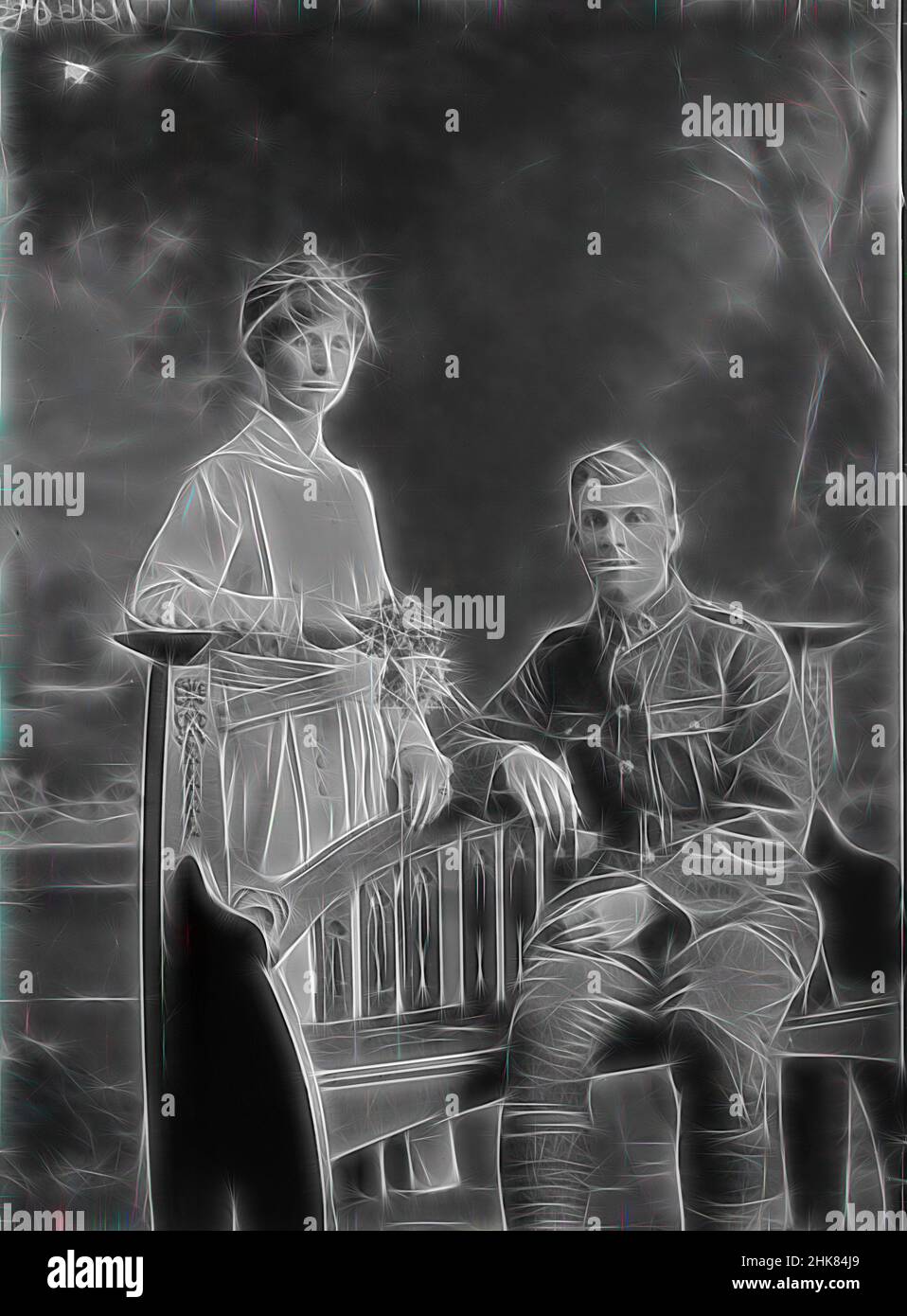 Inspired by Private James Arthur Hoverd and his bride Florence Lilian Davies, Berry & Co, photography studio, 20 July 1918, Wellington, Wedding portrait of Private James Arthur Hoverd and Florence Lilian Hoverd, Reimagined by Artotop. Classic art reinvented with a modern twist. Design of warm cheerful glowing of brightness and light ray radiance. Photography inspired by surrealism and futurism, embracing dynamic energy of modern technology, movement, speed and revolutionize culture Stock Photo