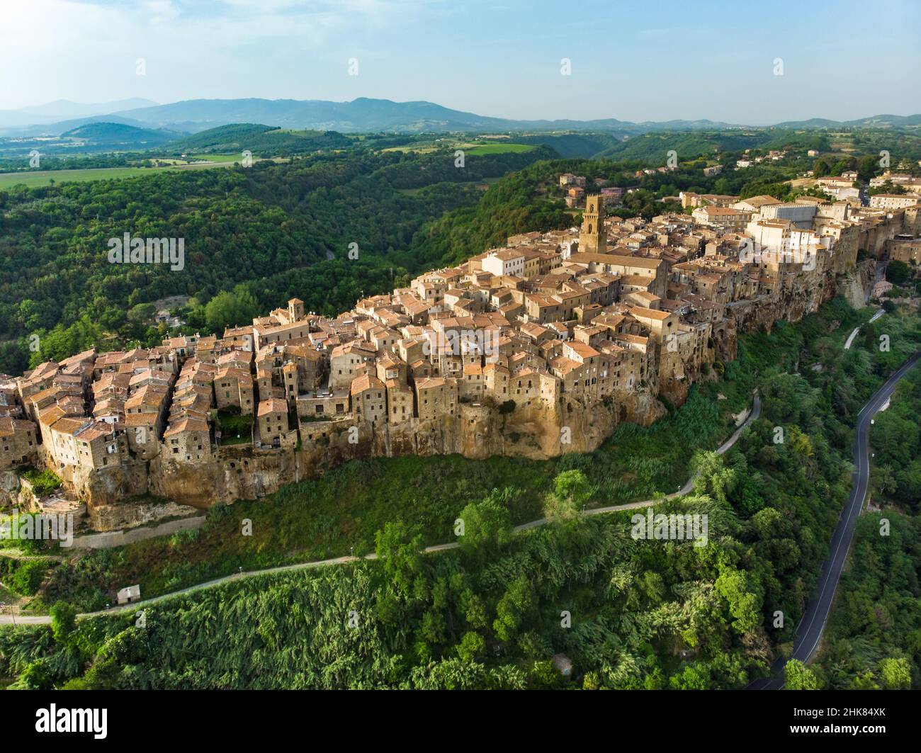 Aerial view of Pitigliano town, located atop a volcanic tufa ridge ...