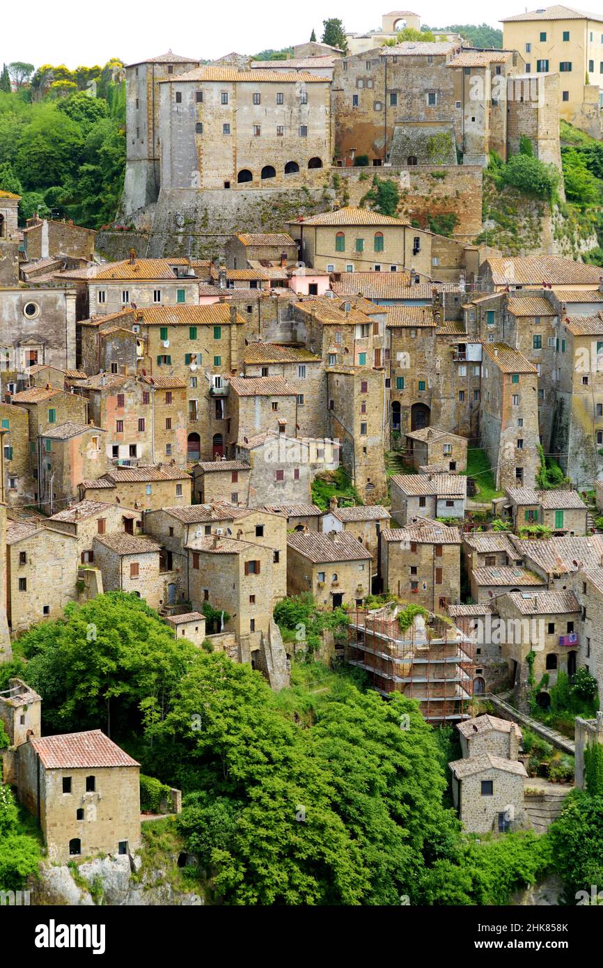 Rooftops of Sorano, an ancient medieval hill town hanging from a tuff ...