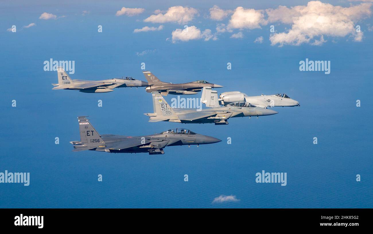 A formation 4th generation fighter jets from the 40th Test Squadron flies near Eglin Air Force Base, Fla, Jan. 31, 2022. The 40th FLTS executes developmental flight tests for fourth