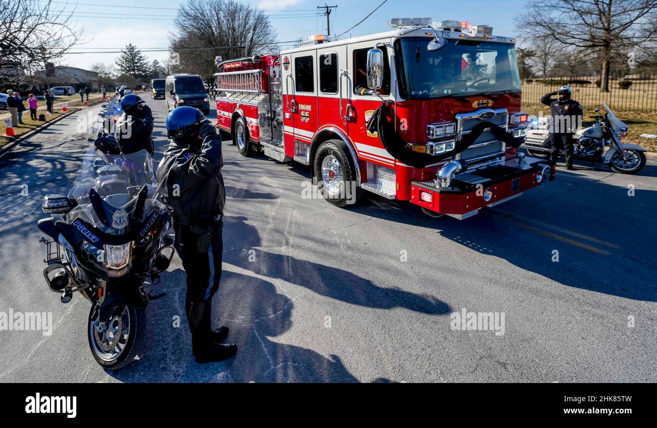 Timonium, MD, USA. 2nd Feb, 2022. February 2, 2022: Fire apparatus transport the caskets of fallen firefighters Lt. Paul Butrim, Firefighter/Medic Kenny Lacayo and Lt. Kelsey Sadler to Dulaney Valley Memorial Gardens in Timonium, Maryland for their interment. The firefighters were killed last week when the rowhome in which they were fighting a fire collapsed, killing them. Scott Serio/ESW/CSM/Alamy Live News Stock Photo