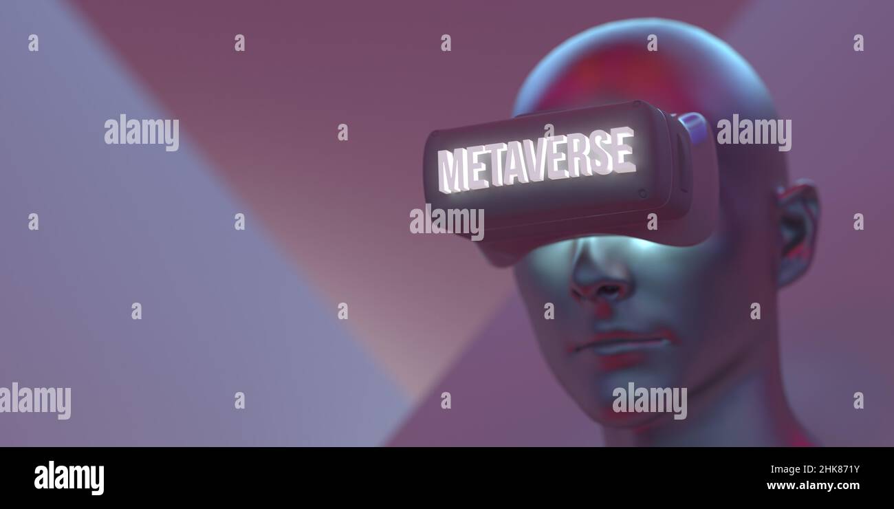 Metaverse Digital VR cyber technology concept: 3D render avatar with Virtual Reality headset connecting virtual space. AR augmented reality games, NFT Stock Photo