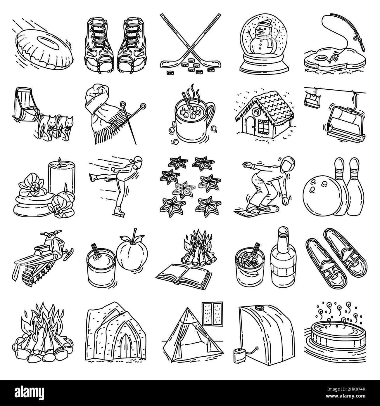 Winter Activities for Family Hand Drawn Set Icon Vector. Stock Vector