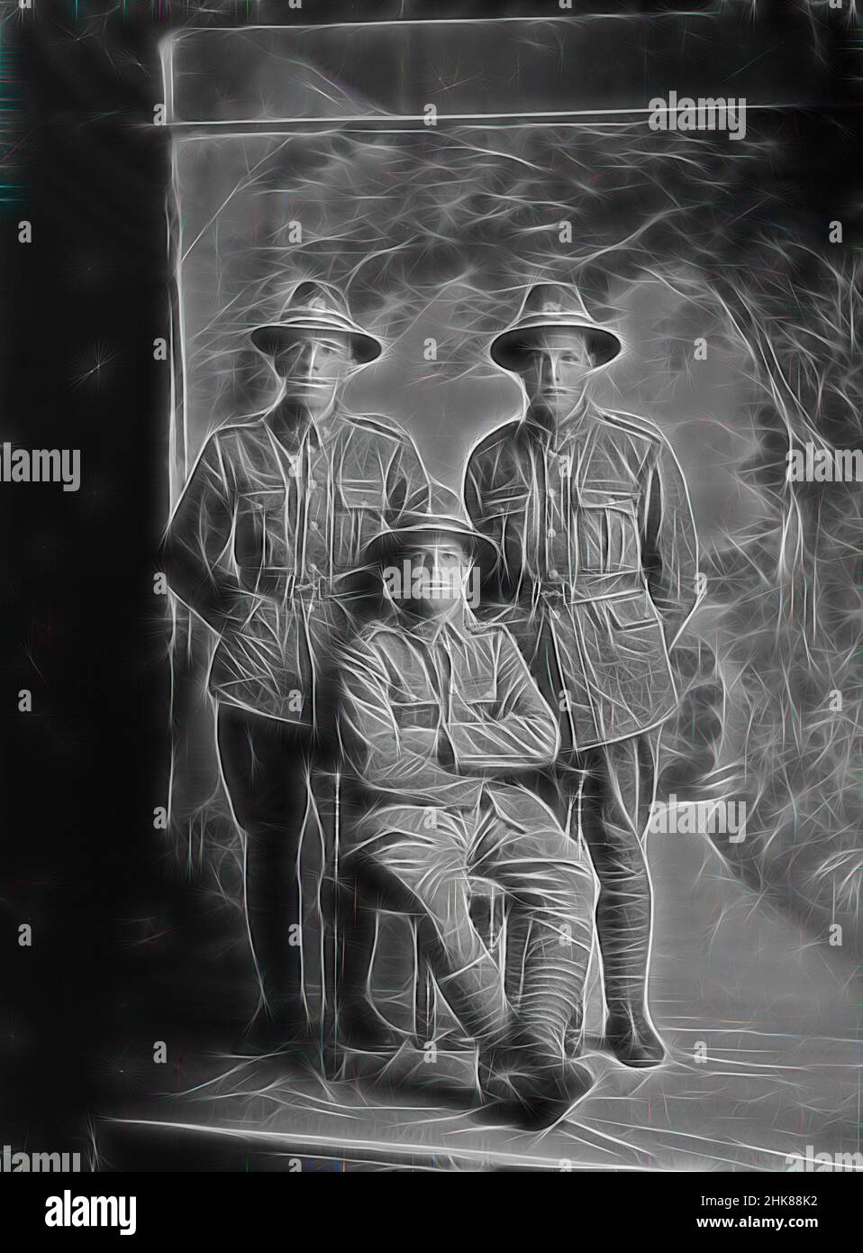 Inspired by Thomas Fleming Stewart with two other soldiers, Berry & Co, photography studio, 1917, Wellington, Thomas Fleming Stewart, service number 39909, Reimagined by Artotop. Classic art reinvented with a modern twist. Design of warm cheerful glowing of brightness and light ray radiance. Photography inspired by surrealism and futurism, embracing dynamic energy of modern technology, movement, speed and revolutionize culture Stock Photo