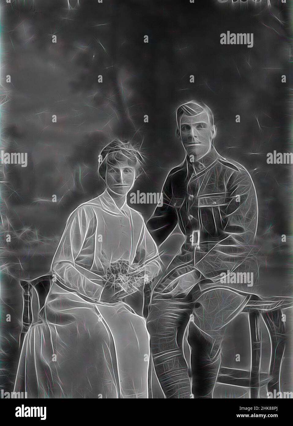 Inspired by James Arthur Hoverd and his bride Florence Lilian Davies, Berry & Co, photography studio, 20 July 1918, Wellington, Wedding portrait of Private James Arthur Hoverd and Florence Lilian Hoverd, Reimagined by Artotop. Classic art reinvented with a modern twist. Design of warm cheerful glowing of brightness and light ray radiance. Photography inspired by surrealism and futurism, embracing dynamic energy of modern technology, movement, speed and revolutionize culture Stock Photo