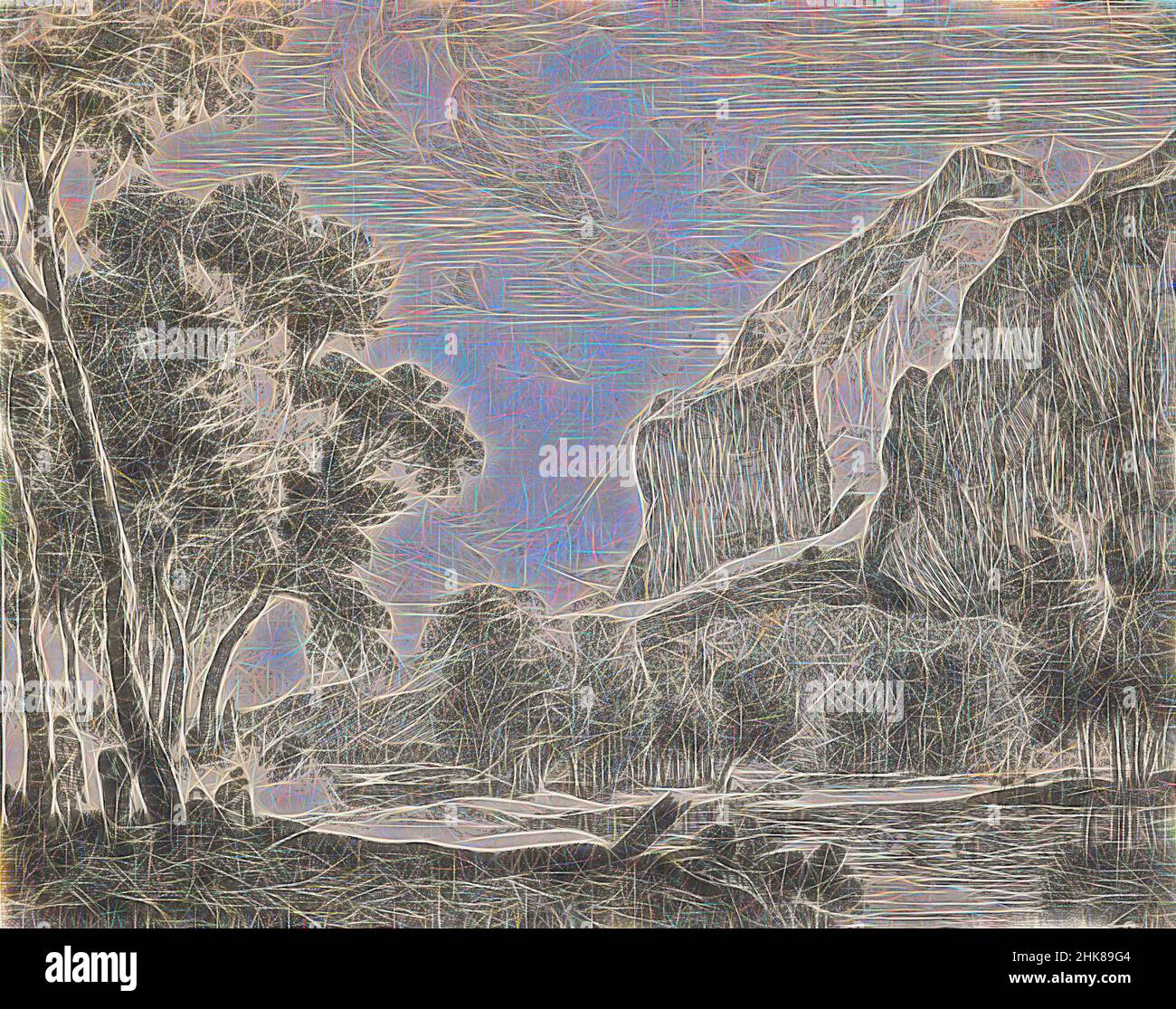 Inspired by Eight Tyrolean landscapes. Plate 3. Riverscape with rocks on the right., Roeland Roghman, artist, c. 1654-1655, Germany, etching, Roelant Roghman (1627-1692) was born in Amsterdam, the son of the engraver Henrick Lambertsz Roghman and Maria Jacobs Savery. He became a student of his, Reimagined by Artotop. Classic art reinvented with a modern twist. Design of warm cheerful glowing of brightness and light ray radiance. Photography inspired by surrealism and futurism, embracing dynamic energy of modern technology, movement, speed and revolutionize culture Stock Photo