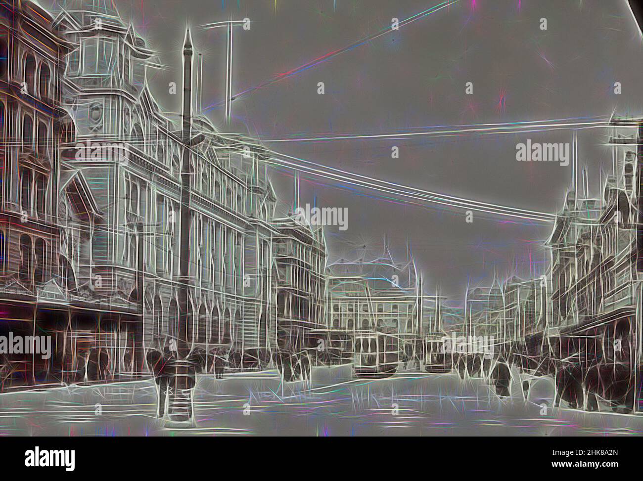 Inspired by Queen Street and GPO, Auckland, Muir & Moodie studio, circa 1913, Auckland, Reimagined by Artotop. Classic art reinvented with a modern twist. Design of warm cheerful glowing of brightness and light ray radiance. Photography inspired by surrealism and futurism, embracing dynamic energy of modern technology, movement, speed and revolutionize culture Stock Photo