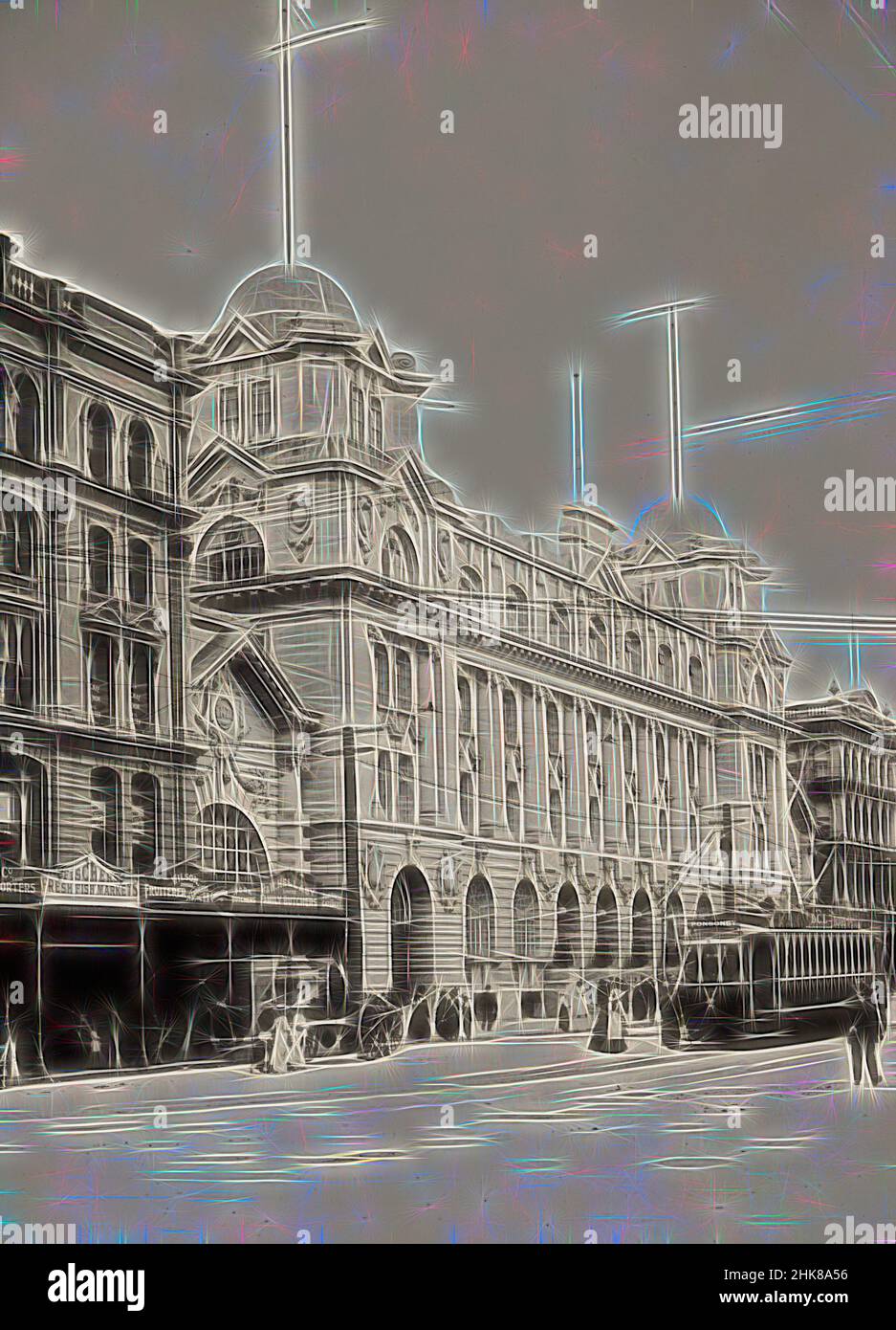 Inspired by GPO, Auckland, Muir & Moodie studio, circa 1910, Auckland, Reimagined by Artotop. Classic art reinvented with a modern twist. Design of warm cheerful glowing of brightness and light ray radiance. Photography inspired by surrealism and futurism, embracing dynamic energy of modern technology, movement, speed and revolutionize culture Stock Photo