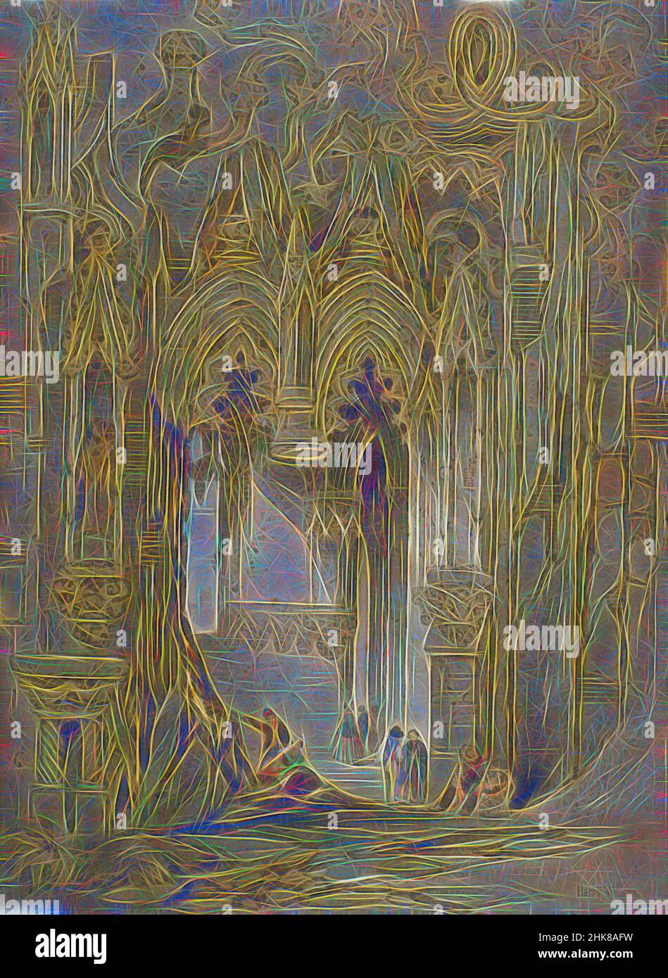 Inspired by Interior of ruined church, Harry Willson, 1844, England, Reimagined by Artotop. Classic art reinvented with a modern twist. Design of warm cheerful glowing of brightness and light ray radiance. Photography inspired by surrealism and futurism, embracing dynamic energy of modern technology, movement, speed and revolutionize culture Stock Photo