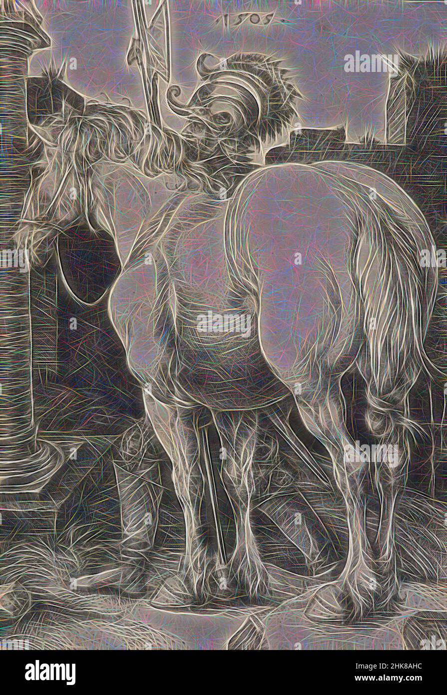 Inspired by The large horse., Albrecht Dürer, artist, 1505, Germany, engraving, As well as the human figure, horses played an important part in Albrecht Dürer’s lifelong obsession with ideal beauty and proportions. Here he rivals masters of the Italian Renaissance like Pisanello, Donatello, Mantegna, Reimagined by Artotop. Classic art reinvented with a modern twist. Design of warm cheerful glowing of brightness and light ray radiance. Photography inspired by surrealism and futurism, embracing dynamic energy of modern technology, movement, speed and revolutionize culture Stock Photo
