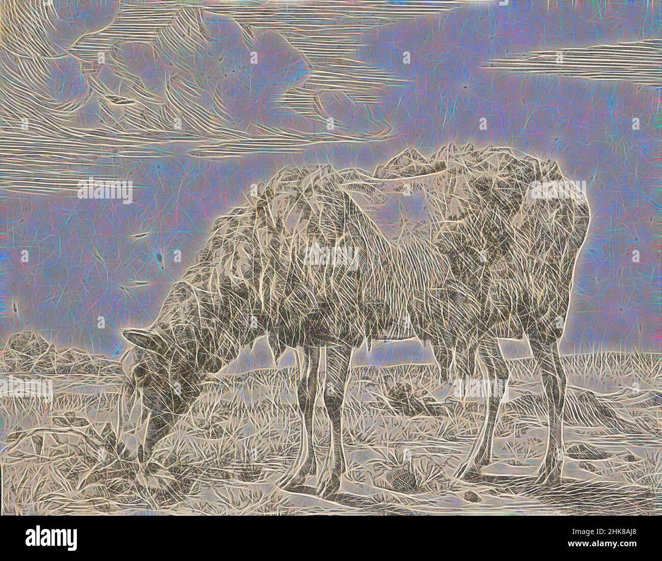 Inspired by Cows and a sheep. Plate 8: A grazing sheep., Marcus de Bye, artist, 1664, Netherlands, etching, The Dutch printmaker Marcus de Bye (also de Bije/ de Bie) is little-known in relation to his talent and prolificness. He was born in The Hague in 1639 and died after 1688.  He became a pupil of, Reimagined by Artotop. Classic art reinvented with a modern twist. Design of warm cheerful glowing of brightness and light ray radiance. Photography inspired by surrealism and futurism, embracing dynamic energy of modern technology, movement, speed and revolutionize culture Stock Photo