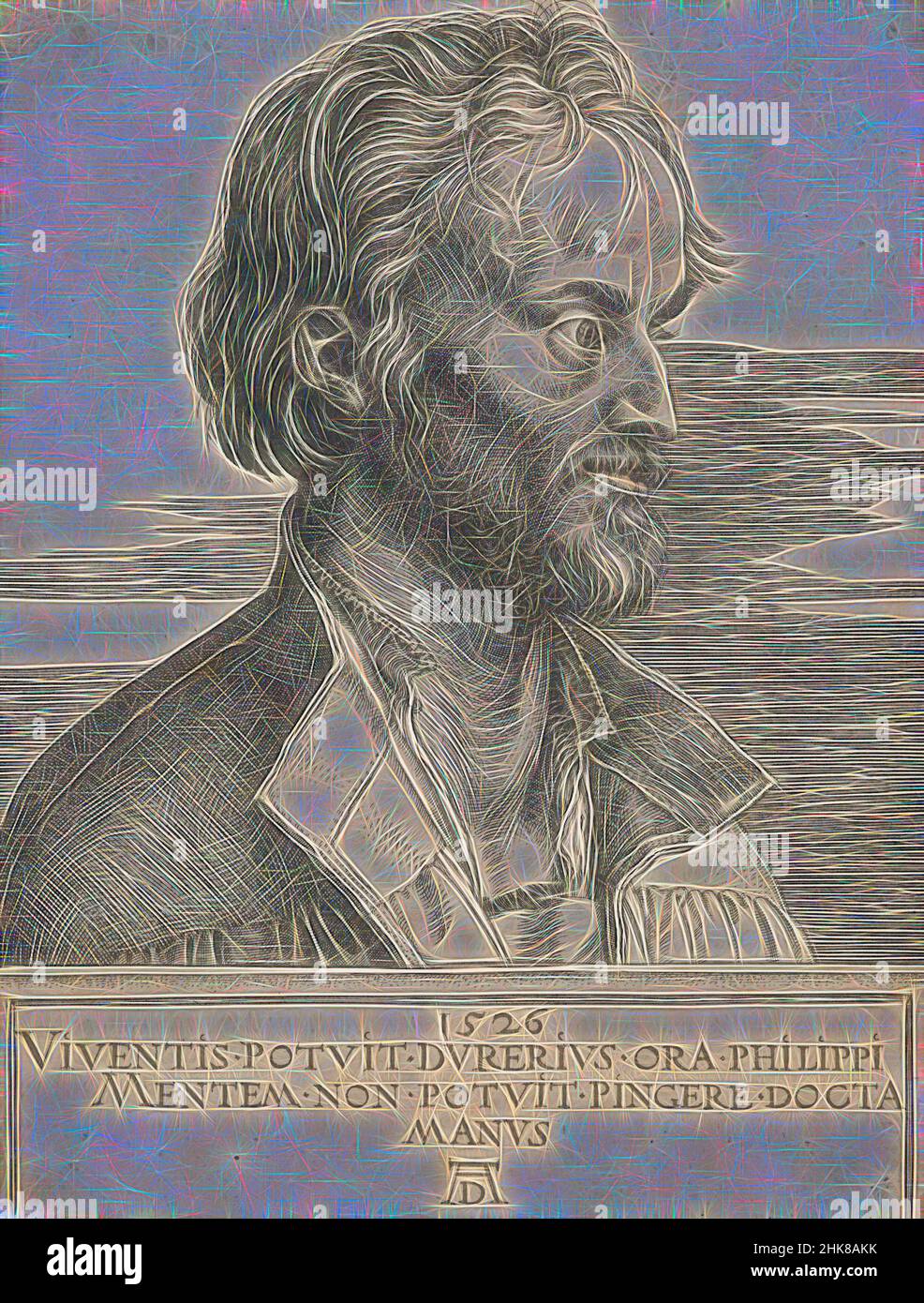 Inspired by Philipp Melanchthon., Albrecht Dürer, artist, 1526, Germany, engraving, Philip Melanchthon (1497-1560) was a leading figure of the Protestant Reformation in Germany, Reimagined by Artotop. Classic art reinvented with a modern twist. Design of warm cheerful glowing of brightness and light ray radiance. Photography inspired by surrealism and futurism, embracing dynamic energy of modern technology, movement, speed and revolutionize culture Stock Photo