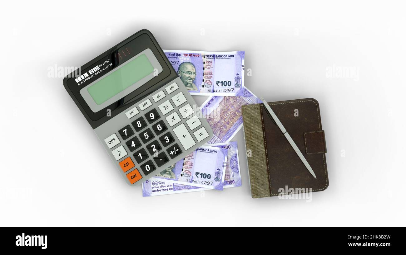 3D rendering of an isolated composition of 100 Indian rupee notes, a ...