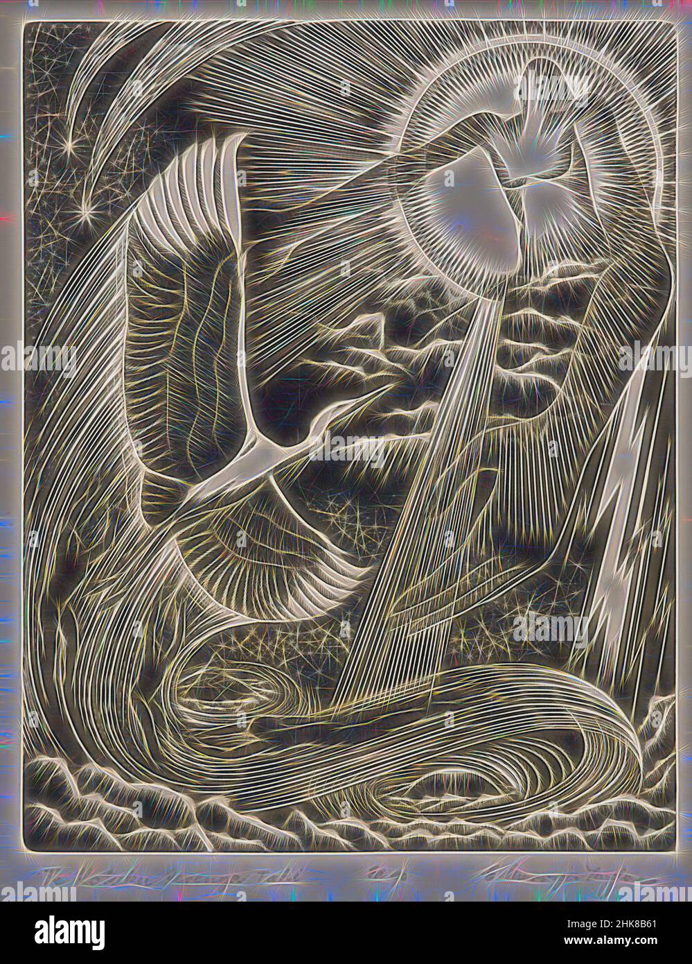 Inspired by Te kotuku rerenga tahi (The heron of single flight), E Mervyn Taylor, artist, 1953, Wellington, wood engraving, Reimagined by Artotop. Classic art reinvented with a modern twist. Design of warm cheerful glowing of brightness and light ray radiance. Photography inspired by surrealism and futurism, embracing dynamic energy of modern technology, movement, speed and revolutionize culture Stock Photo