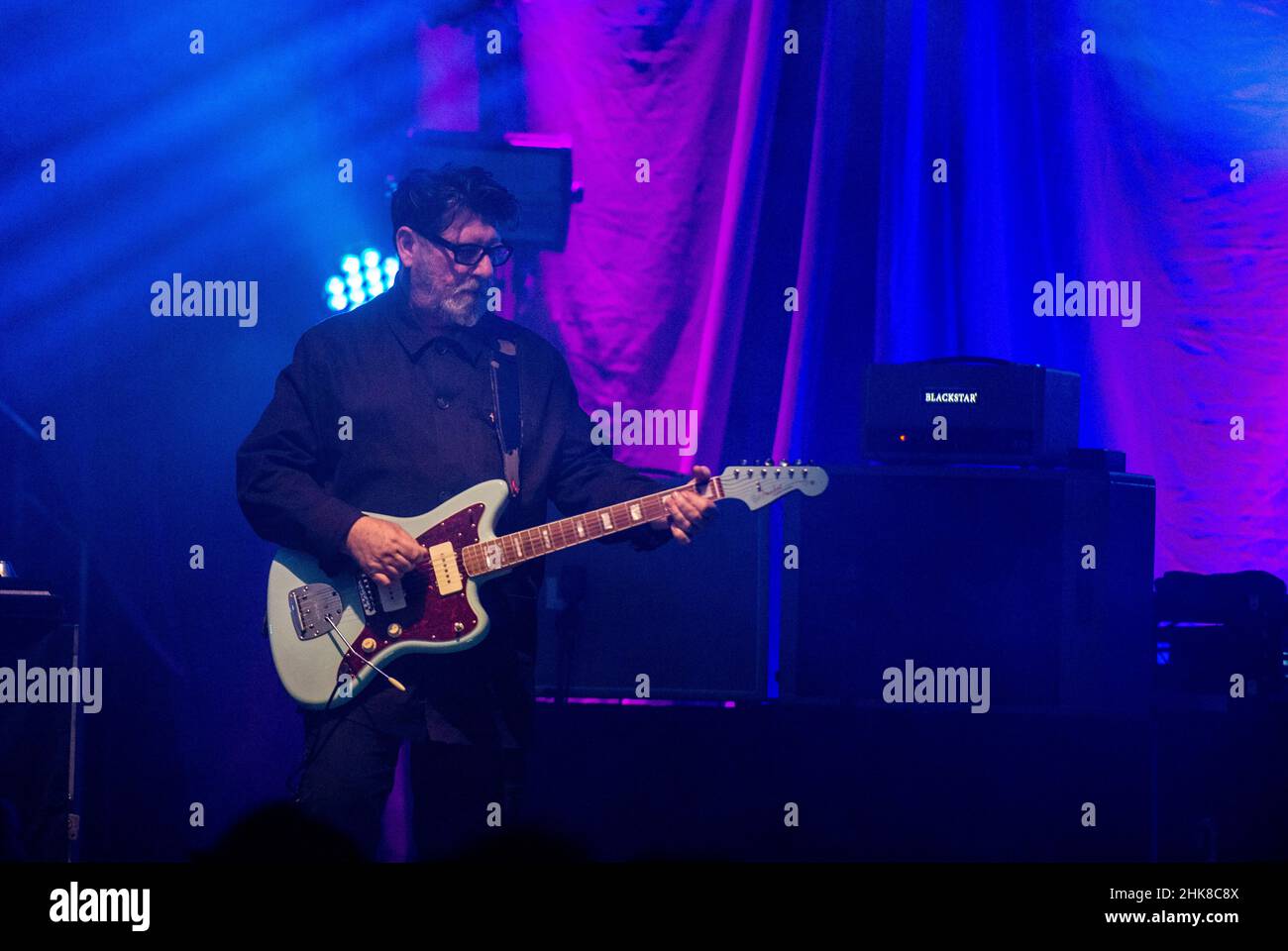 Leeds, UK. 2nd Feb, 2022. Echo and The Bunnymen guitarist Will Sergeant, playing live at the O2 Academy in Leeds. Singer Ian McCulloch suffered an attack of severe back pain and had to abandon the gig halfway through. Picture Credit: ernesto rogata/Alamy Live News Stock Photo