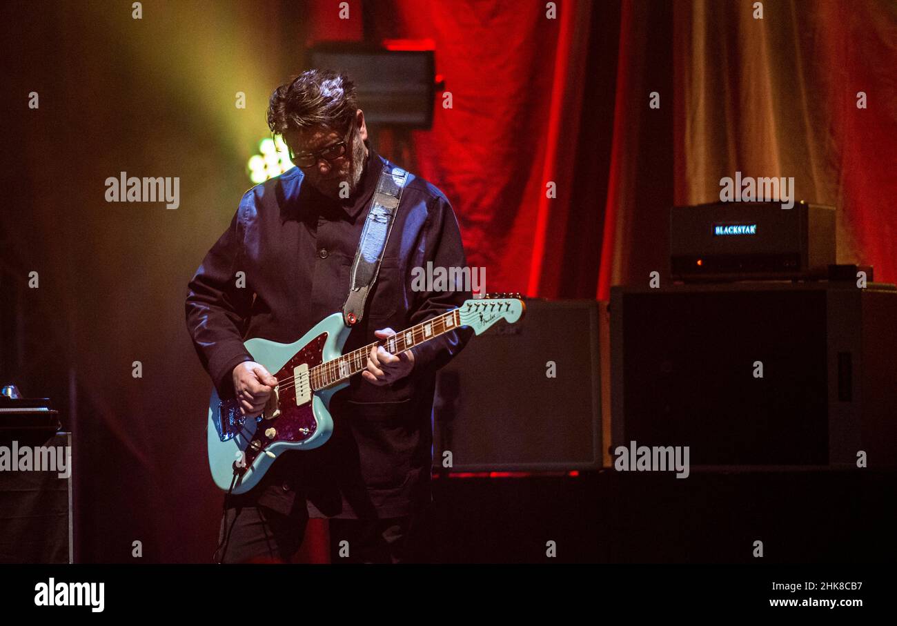 Leeds, UK. 2nd Feb, 2022. Echo and The Bunnymen guitarist Will Sergeant, playing live at the O2 Academy in Leeds. Singer Ian McCulloch suffered an attack of severe back pain and had to abandon the gig halfway through. Picture Credit: ernesto rogata/Alamy Live News Stock Photo