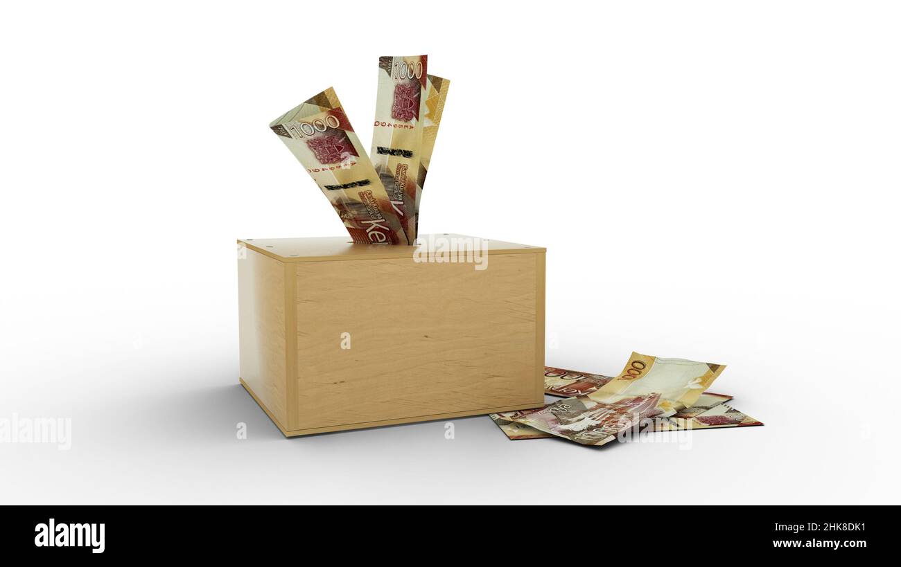 3D rendering of Kenyan shilling notes in wooden Savings box Stock Photo