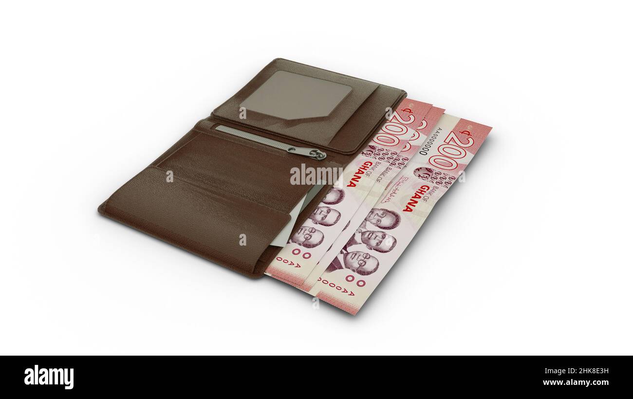 3D rendering of Ghanaian cedi notes in wallet Stock Photo