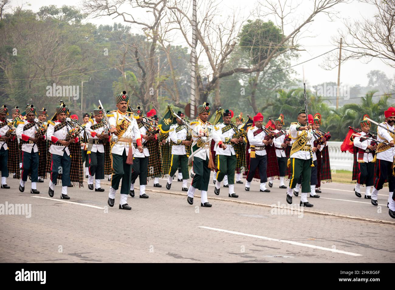 Calcutta, India - January 24, 2022: Indian army bagpiper practice their performance during republic day. The ceremony is done by Indian army every yea Stock Photo