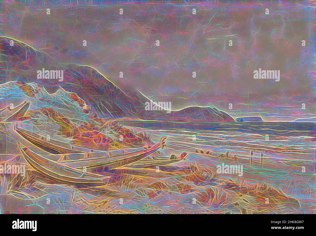 Inspired by Near Paekakariki, Cook Strait, Nicholas Chevalier, artist, 1868, New Zealand, This essay originally appeared in New Zealand Art at Te Papa (Te Papa Press, 2018, Reimagined by Artotop. Classic art reinvented with a modern twist. Design of warm cheerful glowing of brightness and light ray radiance. Photography inspired by surrealism and futurism, embracing dynamic energy of modern technology, movement, speed and revolutionize culture Stock Photo