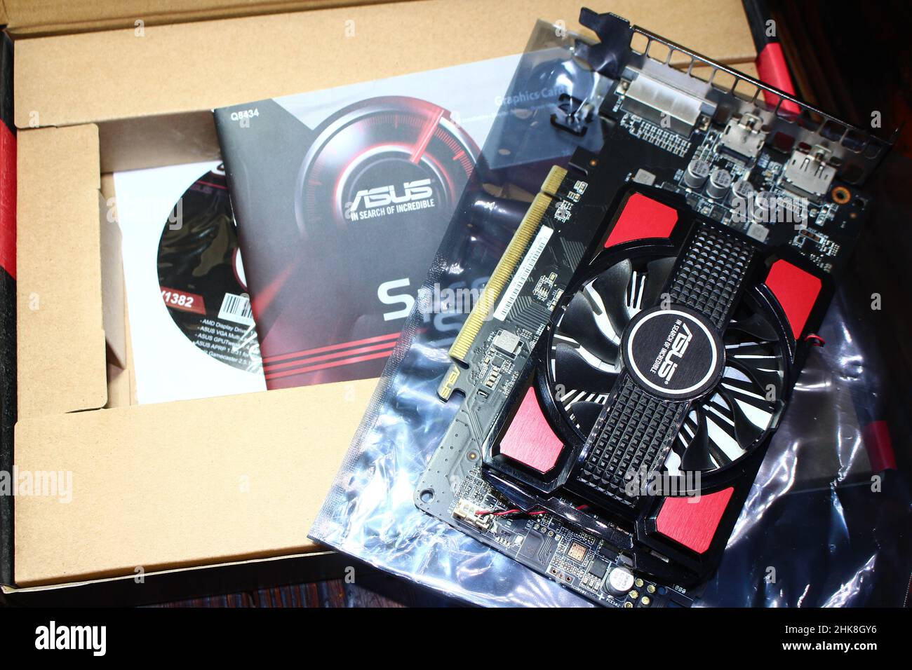ASUS Radeon RX550 2GB graphics card on the table, front side: Russia