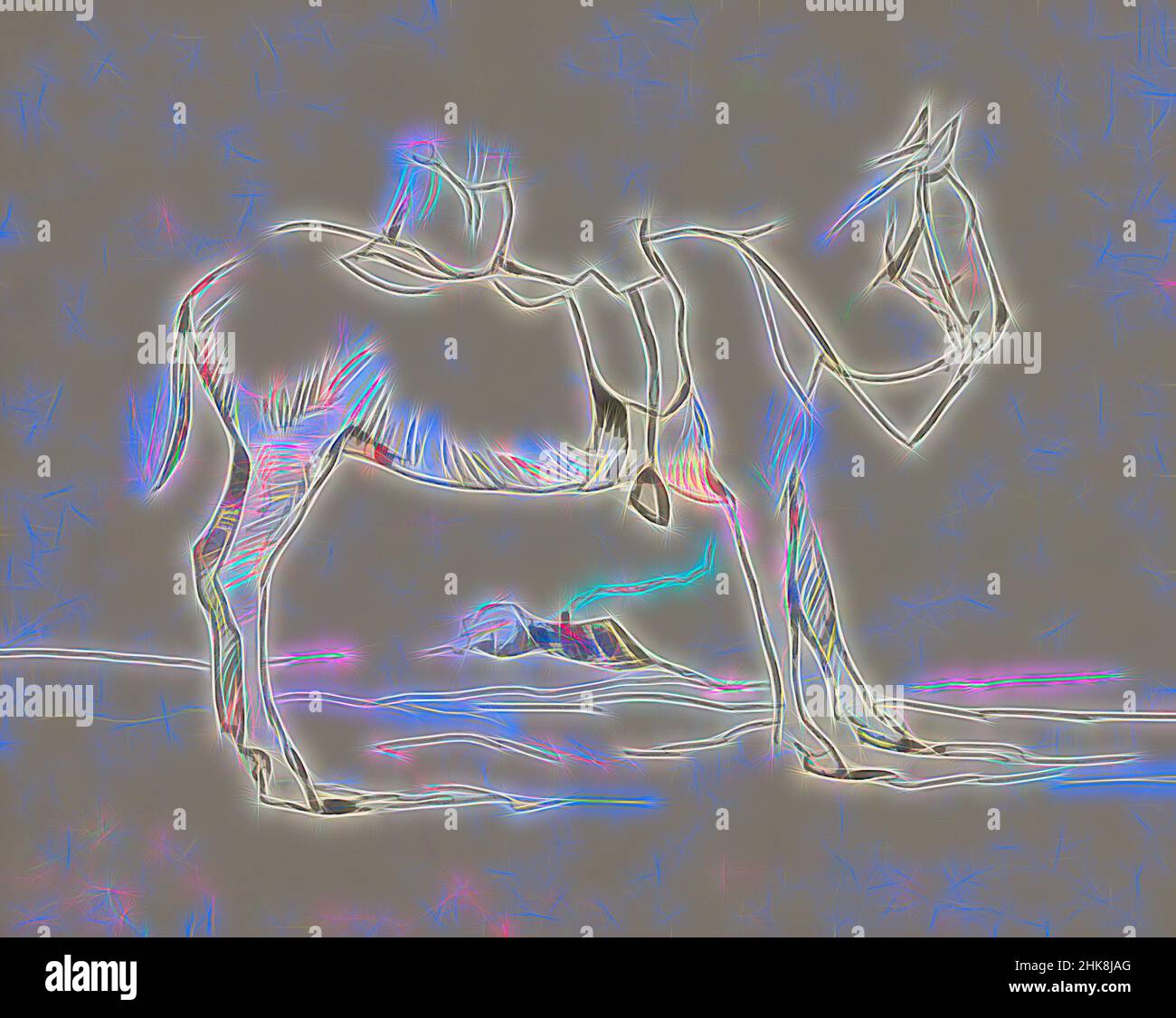 Inspired by In the background a house, probably a farm, with a smoking chimney. Landscape with a saddled horse, seen from the side, Reimagined by Artotop. Classic art reinvented with a modern twist. Design of warm cheerful glowing of brightness and light ray radiance. Photography inspired by surrealism and futurism, embracing dynamic energy of modern technology, movement, speed and revolutionize culture Stock Photo