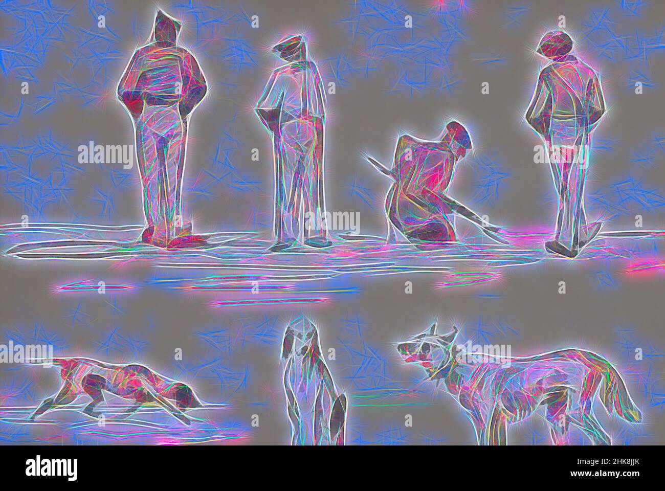 Inspired by Three standing and one squatting man and three dogs, Reimagined by Artotop. Classic art reinvented with a modern twist. Design of warm cheerful glowing of brightness and light ray radiance. Photography inspired by surrealism and futurism, embracing dynamic energy of modern technology, movement, speed and revolutionize culture Stock Photo