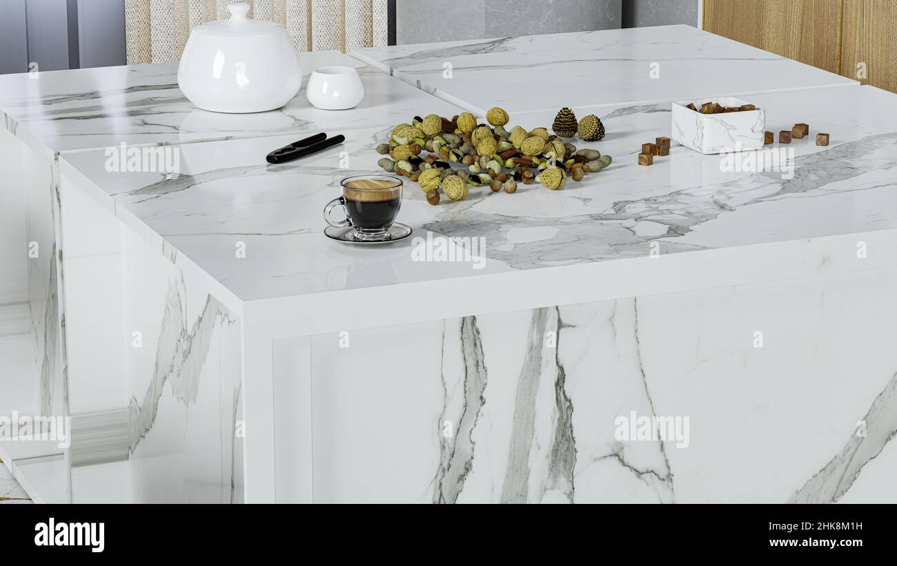 modern marble countertop table, kitchen countertops with coffee and nuts Stock Photo