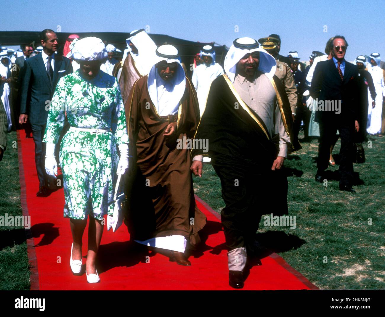 Queen Elizabeth and the Duke of Edinburgh with ruler Sheikh Khalifa