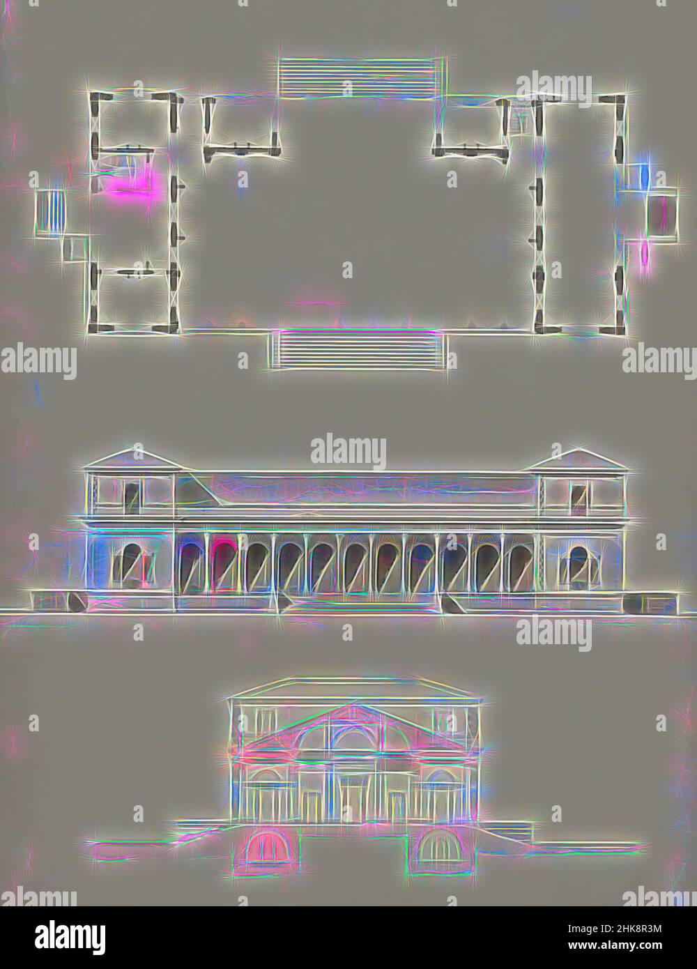 Inspired by Map, facade and cross-section over the width of a villa, Reimagined by Artotop. Classic art reinvented with a modern twist. Design of warm cheerful glowing of brightness and light ray radiance. Photography inspired by surrealism and futurism, embracing dynamic energy of modern technology, movement, speed and revolutionize culture Stock Photo