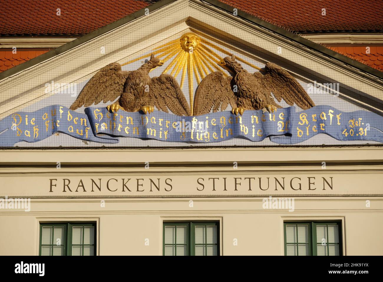 Halle, Germany. 02nd Feb, 2022. The portal of the Francke Foundation. After a review of the year 2021, the Francke Foundation presents the event highlights and projects in the annual program 2022 under the motto 'Ganz im Affekt'. Credit: Sebastian Willnow/dpa-Zentralbild/dpa/Alamy Live News Stock Photo