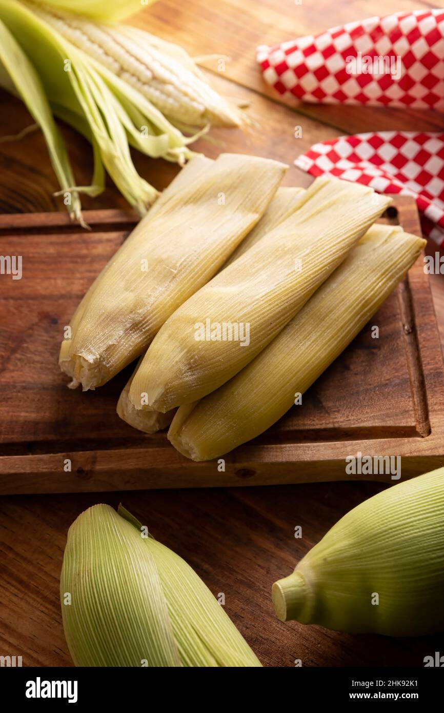 Tamales de Elote, also called Uchepos. Typical Mexican dish. Can be
