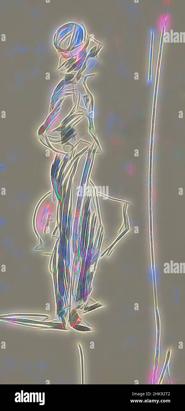 Inspired by Her right hand in her side and in her left hand she has an object. Standing woman with hat, an artist, Reimagined by Artotop. Classic art reinvented with a modern twist. Design of warm cheerful glowing of brightness and light ray radiance. Photography inspired by surrealism and futurism, embracing dynamic energy of modern technology, movement, speed and revolutionize culture Stock Photo